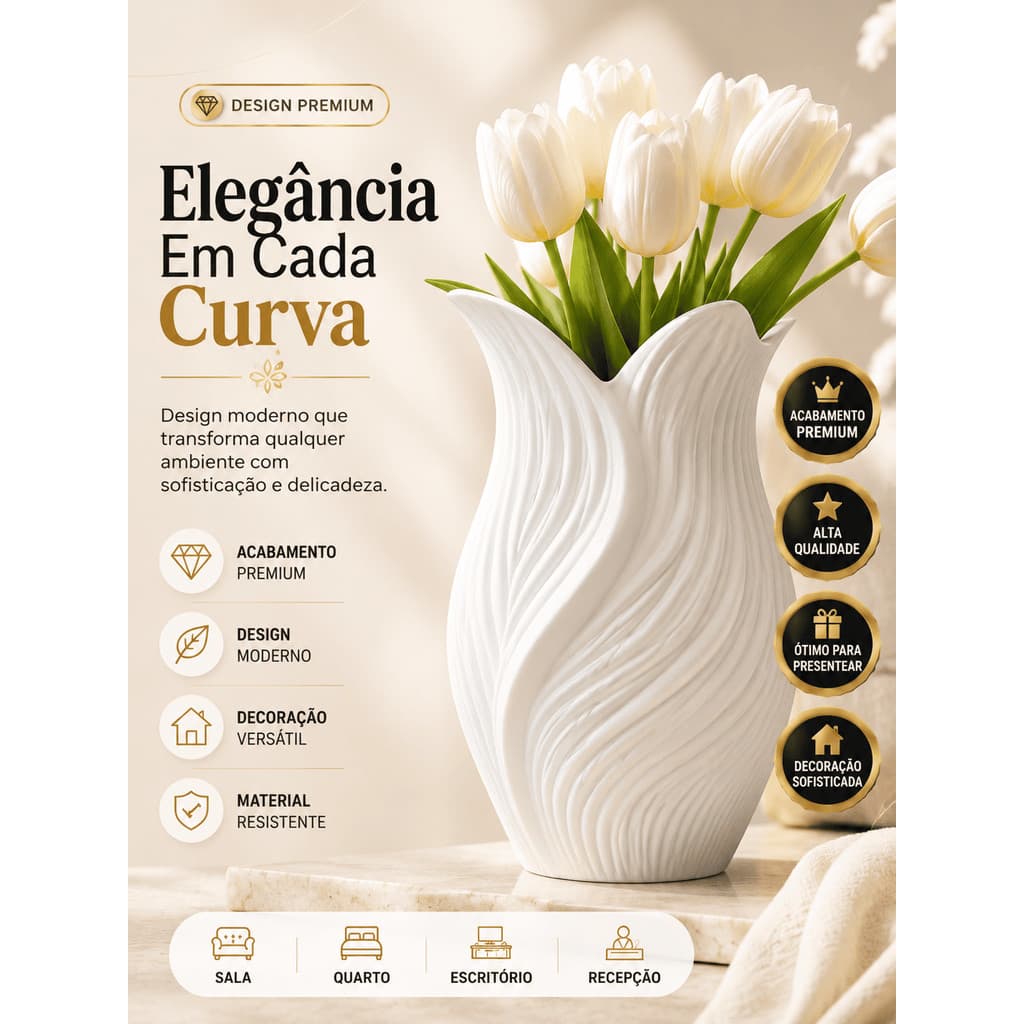 Vaso Tulipa Moderno Decorativo Minimalista Sala Quarto Escritório Recepção Branco Preto Luxo Enfeite