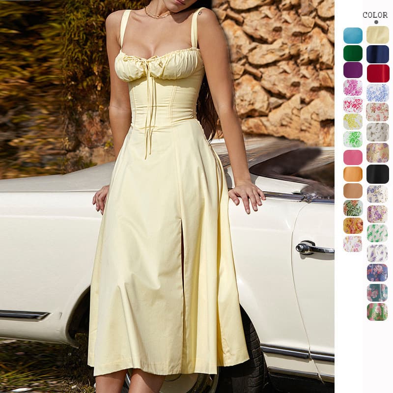 Vestido francês elegante e sofisticado para mulheres, estilo delicado com alças, sucesso de vendas no verão de 2026.