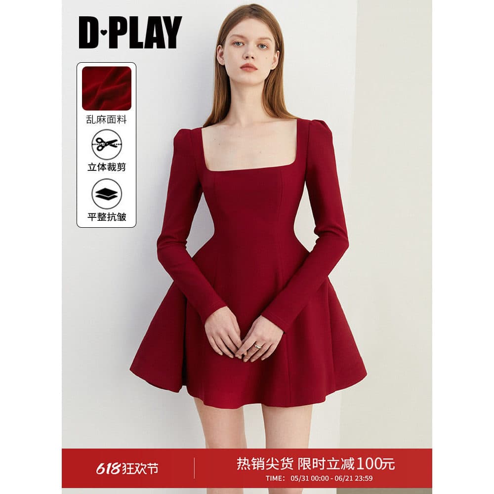 DPLAY novo estilo vestido vermelho feminino temperamento vestido de noiva francês saia manga longa saia curta primavera
