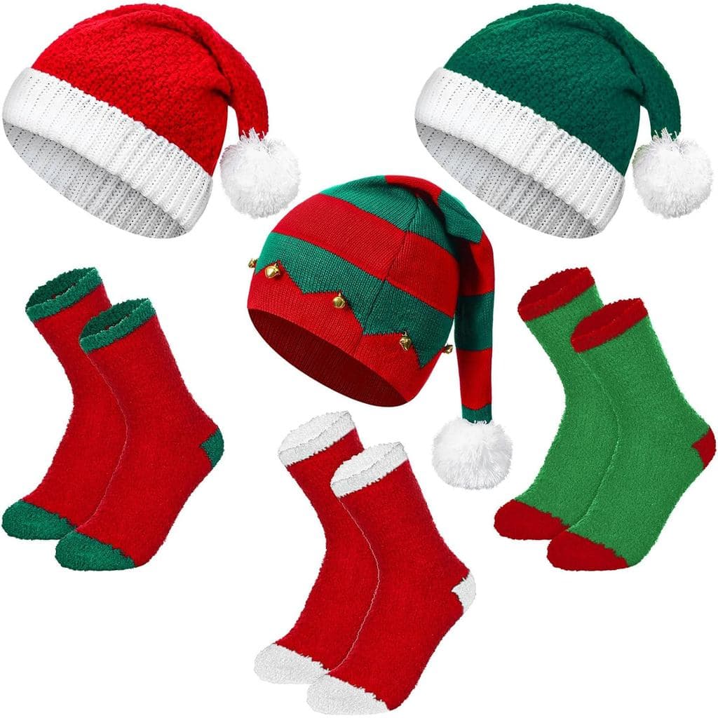 Suhine 6 Peças de Chapéus e Meias de Natal, Chapéus de Papai Noel Tricotados e Meias Felpudas de Natal para Presente de
