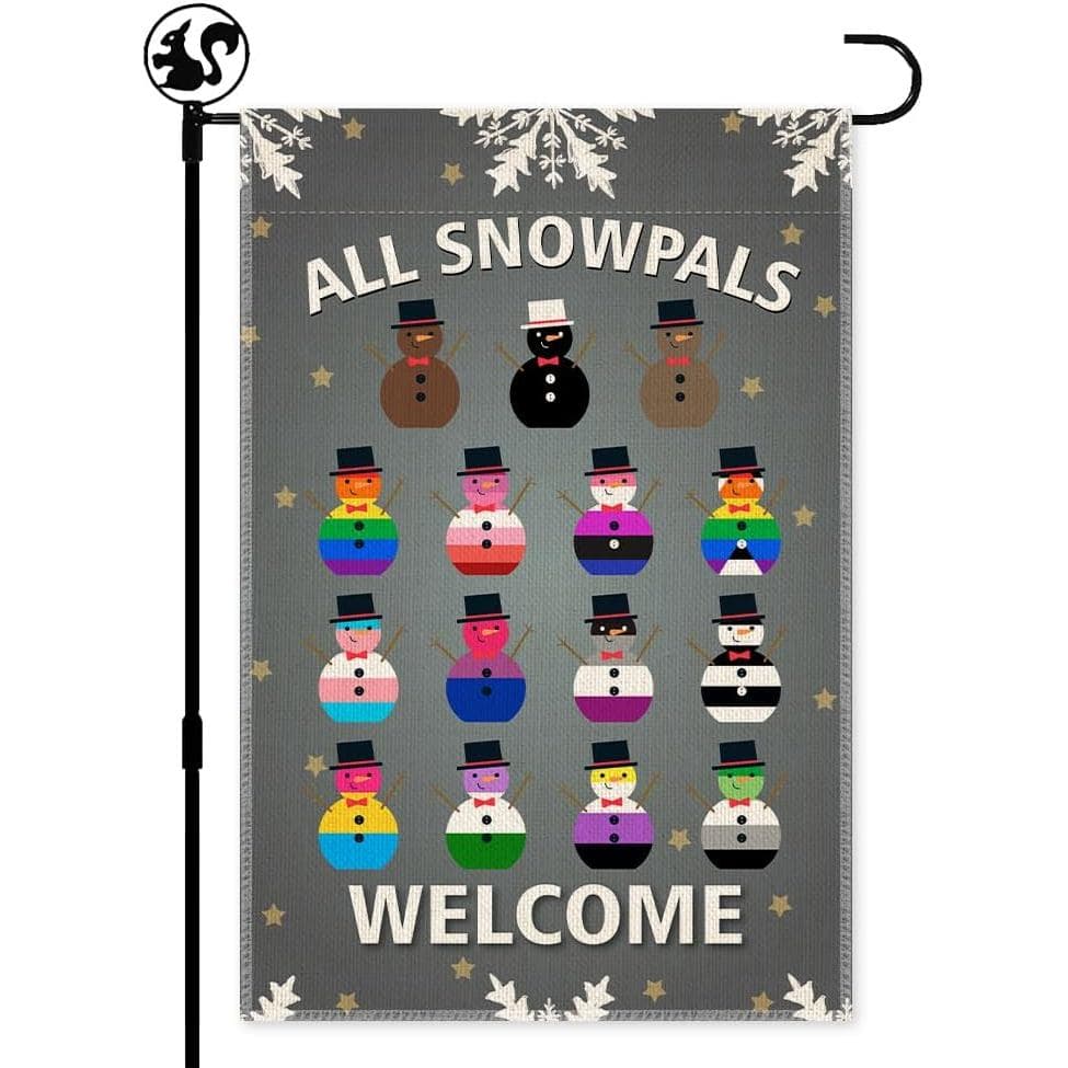 All Snowpals Welcome Winter Garden Flag, Double Sided Outdoor Farmhouse Lawn Christmas Yard Flag Decor, Snowmen Equality