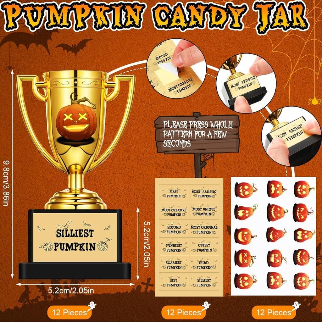 Geetery 12 Peças Mini Troféus de Halloween para Concurso de Fantasias com Adesivo e Etiqueta, Troféus de Plástico DIY co