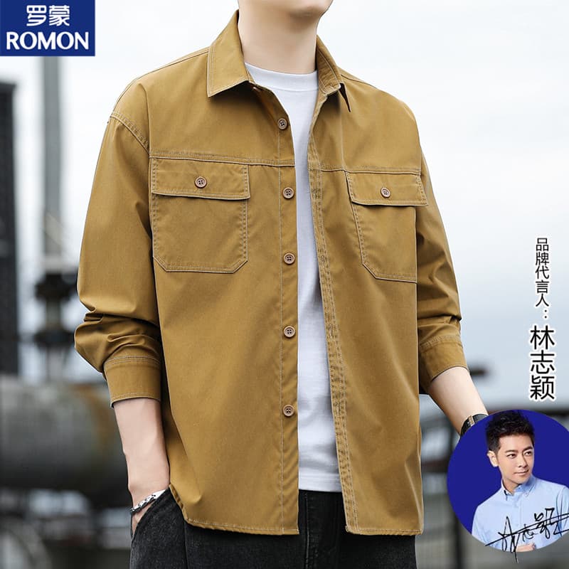 Lomon início do outono nova camisa estilo americano na moda Retro lavado Workwear camisa jaqueta masculina bolso duplo f