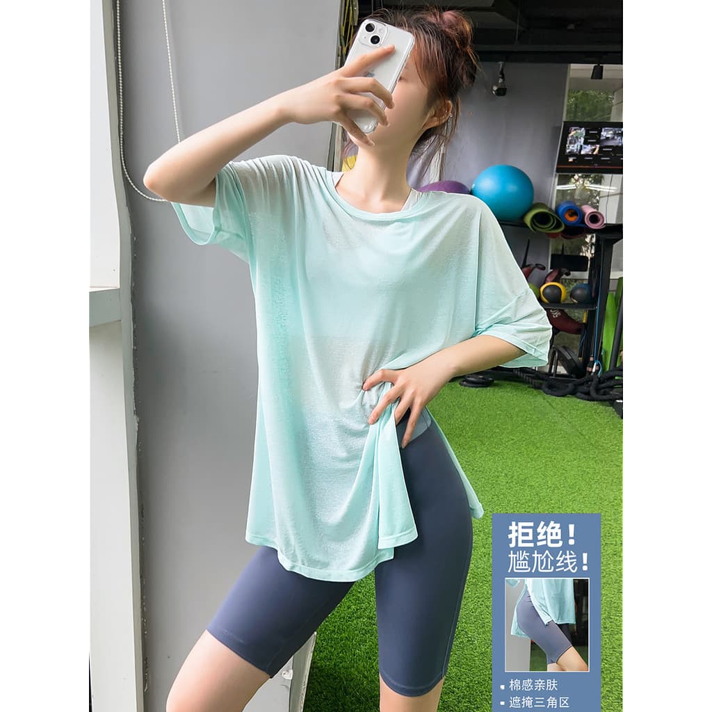 Split solto esportes de manga curta camiseta blusa verão fino Yoga camiseta de secagem rápida Fitness superior cobrindo