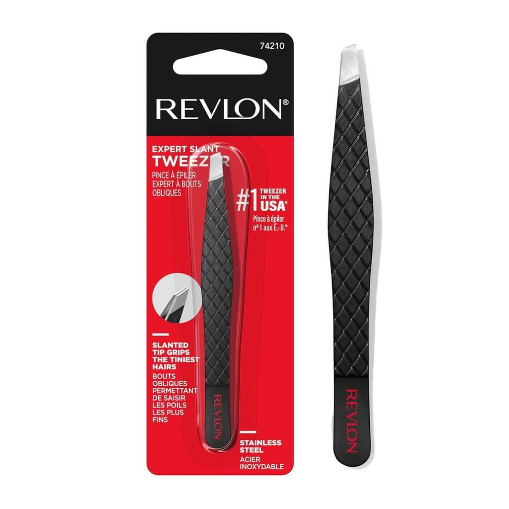 Pinça inclinada Revlon Expert, alta precisão, fácil remoção de pelos, material em aço inoxidável, embalagem com 1 unidad