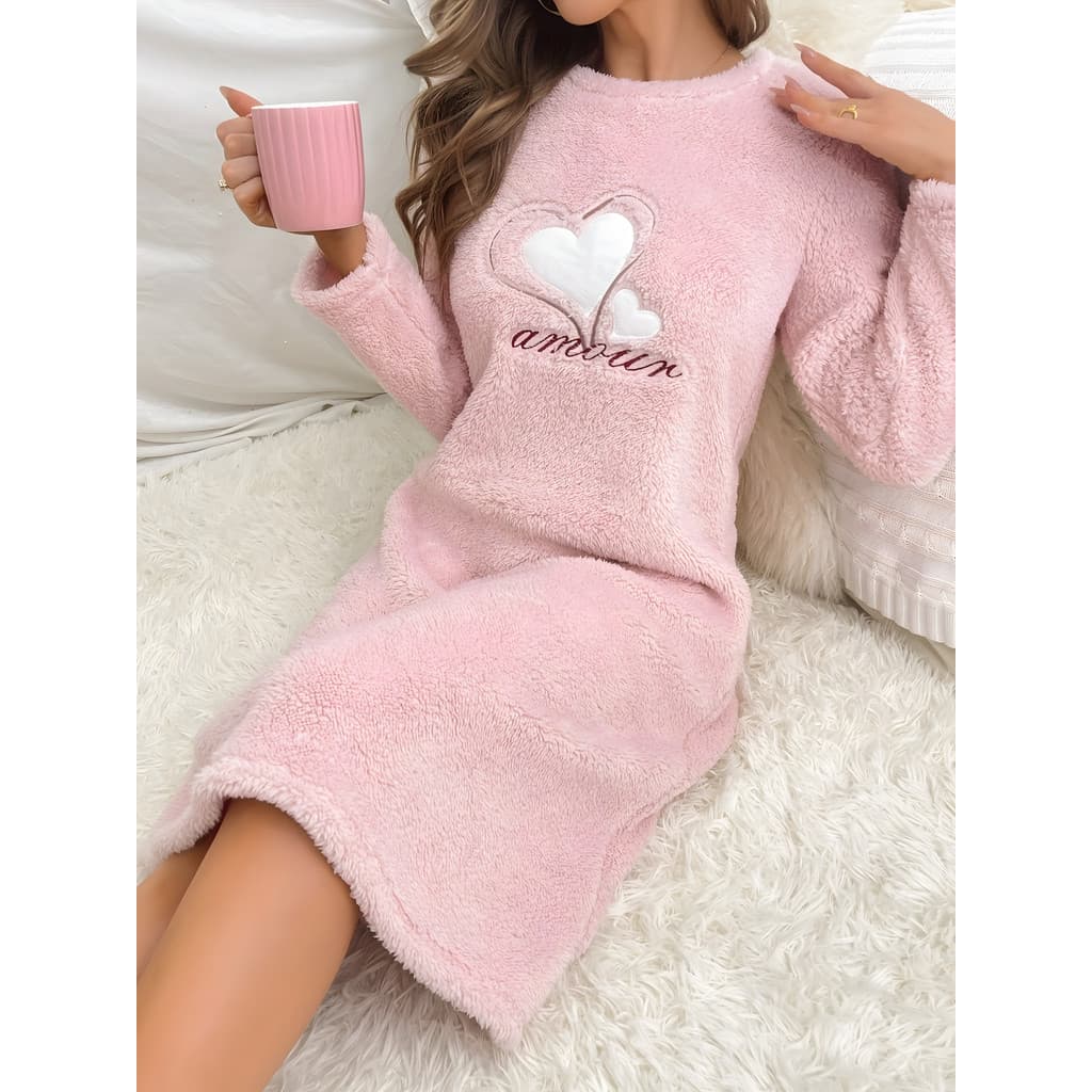 Estilo europeu americano outono inverno camisola rosa amor coração flanela manga comprida pulôver grosso comprimento méd