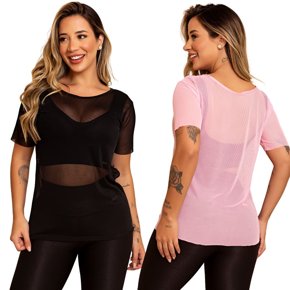 Kit 2 Blusa Feminina Transparente De Tule Manga Curta Academia Camiseta Treino Fitness Musculação