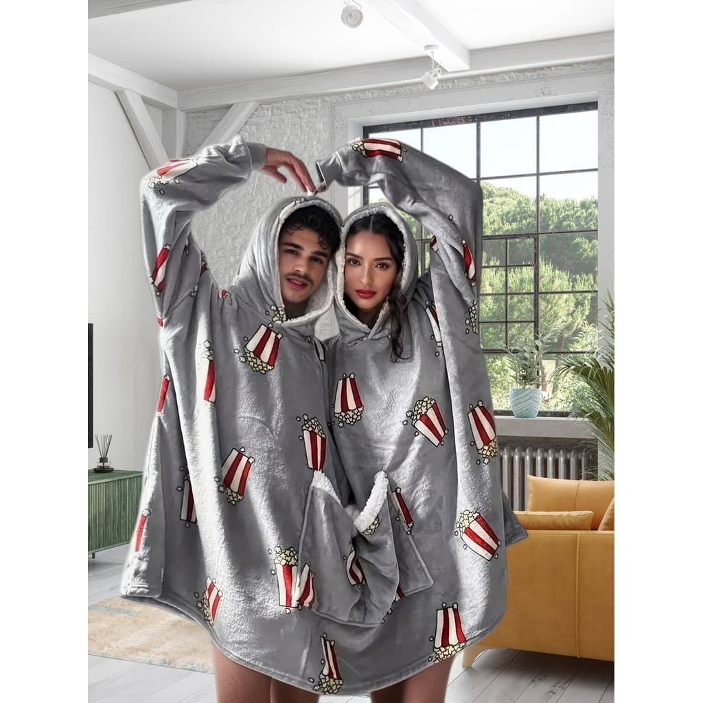 Roupa de Casa de Flanela Quente e Espessa para Casal em Tamanho Plus com Design de Pipoca
