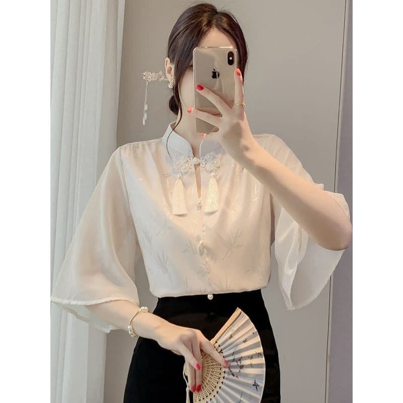 Verão novo estilo estilo estilo nacional disco botão Design elegante elegante All-Match manga três quartos olhar topo fe