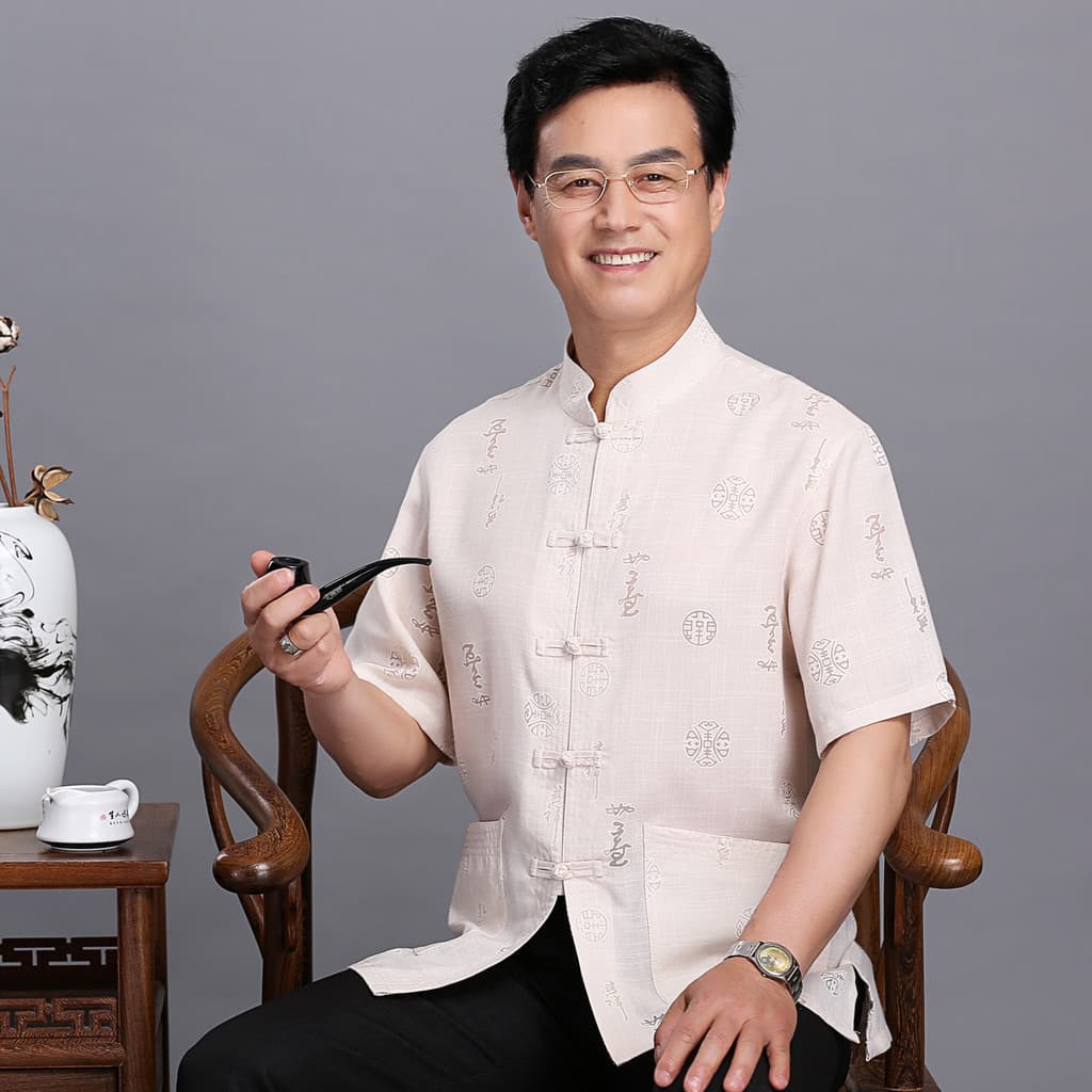 Terno Tang para idosos de meia-idade, camisa masculina de manga curta, terno Kung Fu, Casual, algodão, linho, camisa de