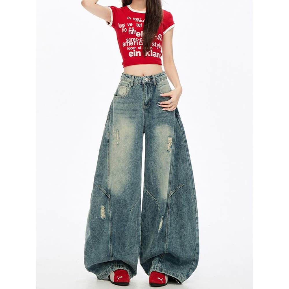 Americano Retro desgastado perna larga Machete Jeans feminino 2026 novo estilo primavera cintura alta All-Match foice Ba