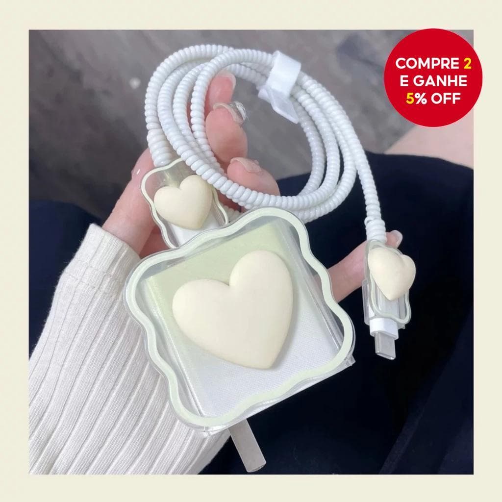 Capa Protetora para Cabo Carregador 5 em 1 Fofa Coração e Laço & Fonte Completa para Carregador IPHONE 18&20W