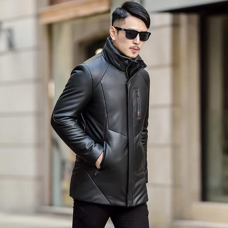 Jaqueta de couro genuíno masculina, jaqueta grossa com gola alta, jaqueta de couro Haining, inverno, comprimento médio,