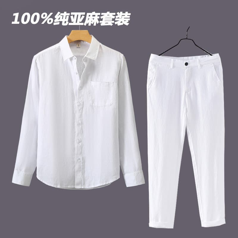 Camisa branca masculina de manga comprida verão manga curta topo primavera outono fino manga três quartos camisa calças