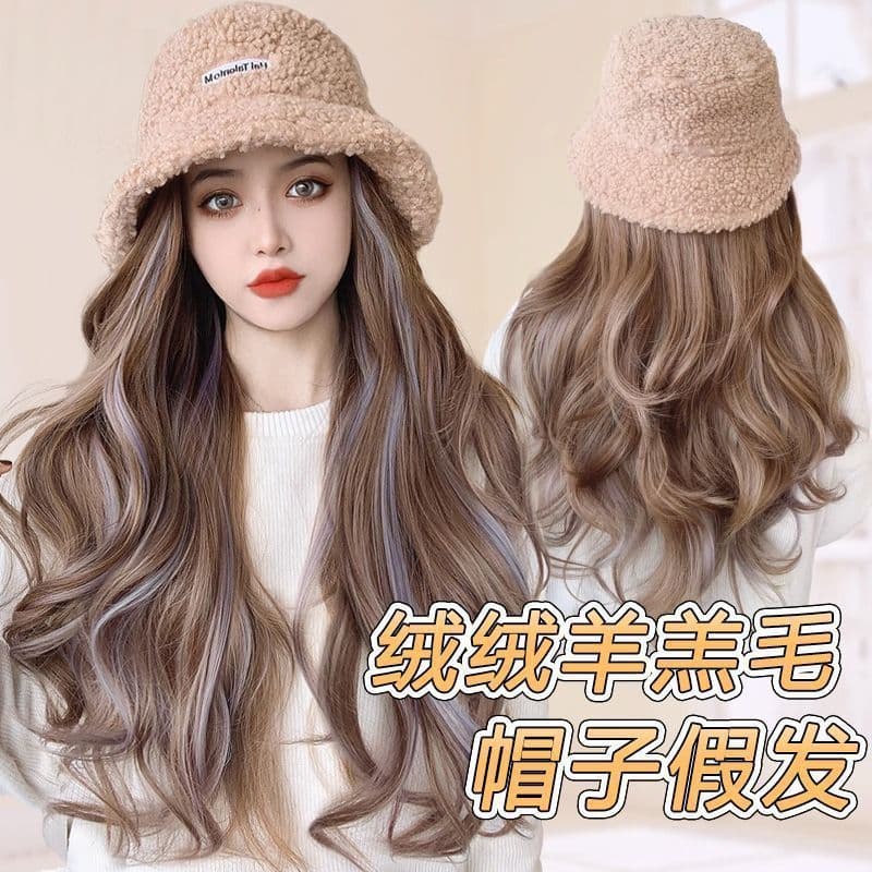 Peruca feminina chapéu de lã de cordeiro peruca de uma peça destaque moda chapéu influenciador simulação cabelo longo en