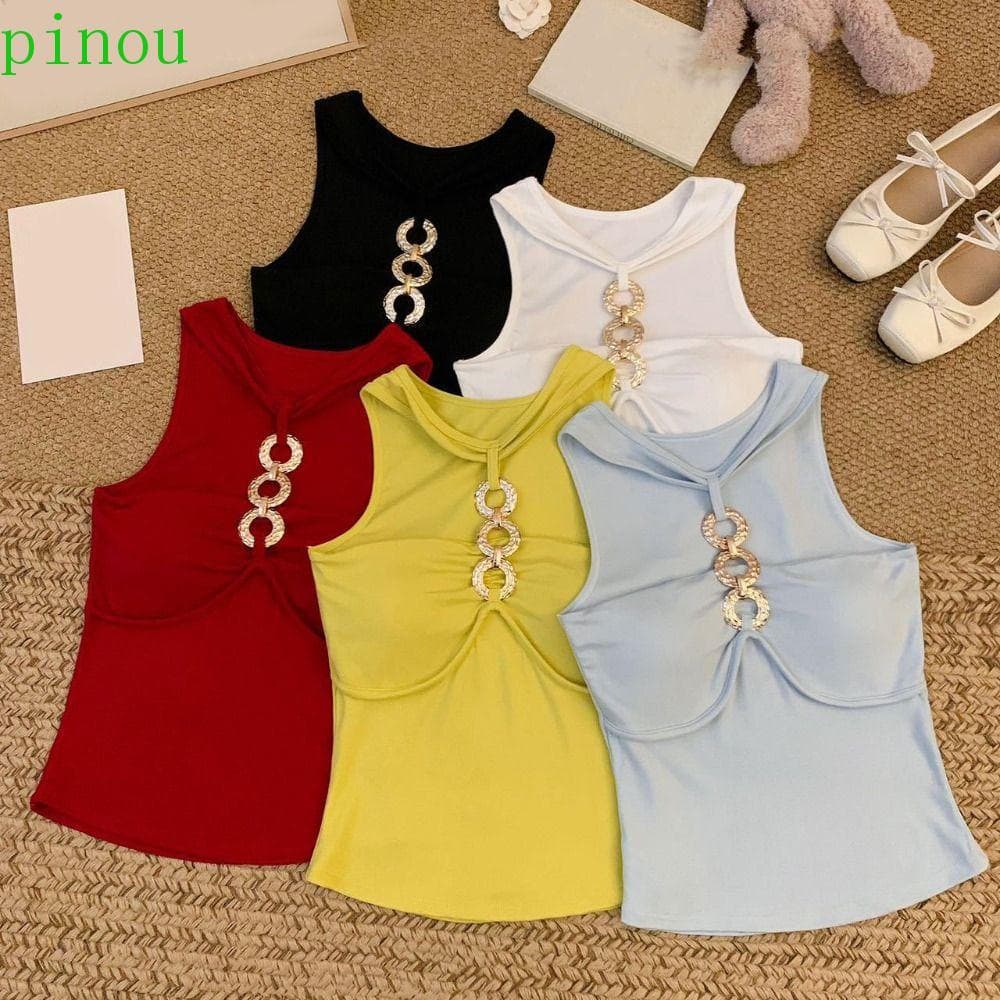 PINOU Top Curto Fino , Fivela De Metal Picante Estilo Menina Colete Halter Feminino , Camisola Curta Fina Sem Mangas Y2K