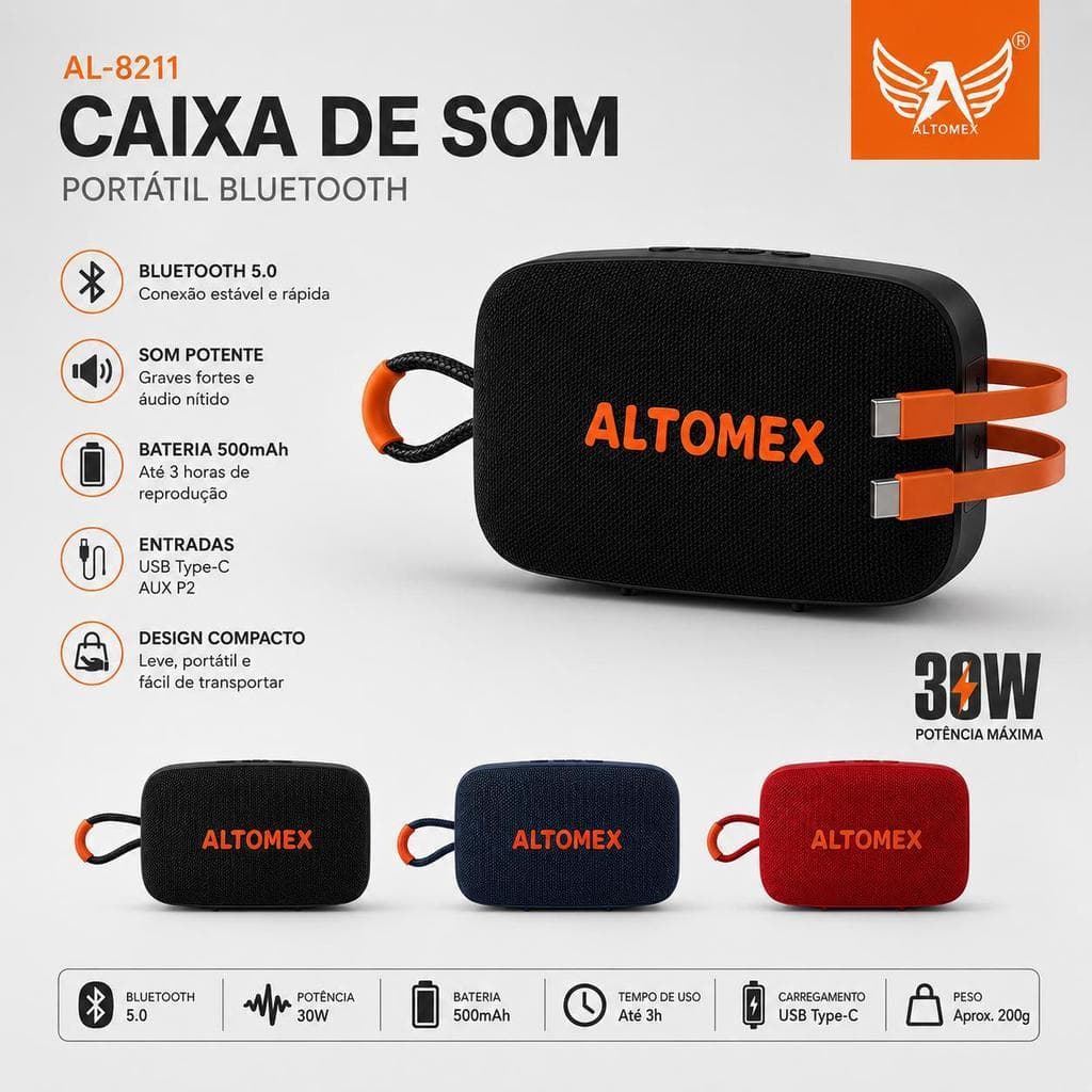 Caixa de Som Bluetooth Portátil Altomex AL-8211 30W Bluetooth 5.0 USB-C Bateria Recarregável Compacta