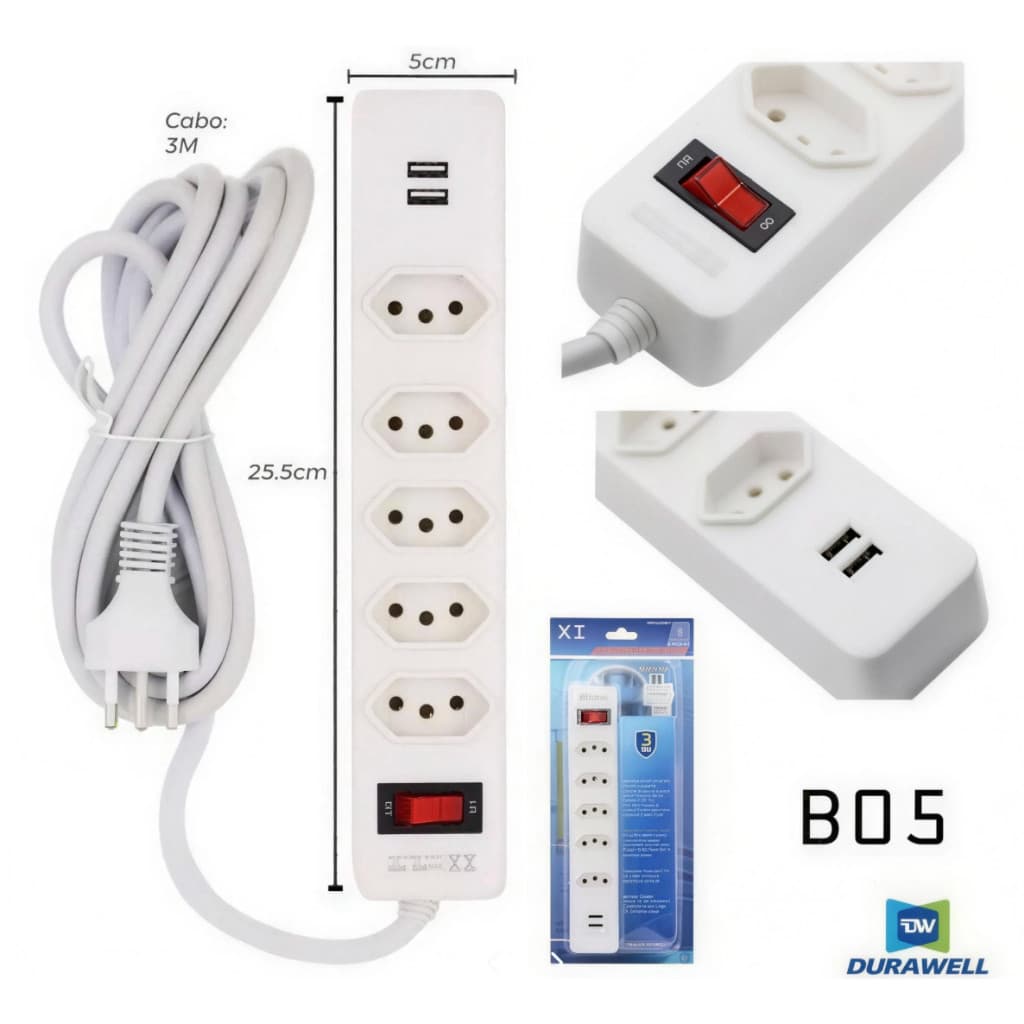 Filtro de Linha Extensão Elétrica 5 Tomadas 2 USB Cabo 2M