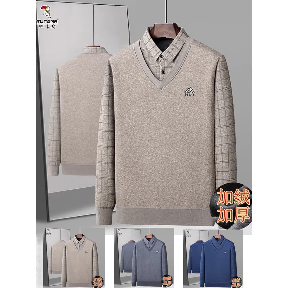 Woodpecker pai camisola forro de lã espessamento meia-idade idosos roupas de outono masculino falso de duas peças
