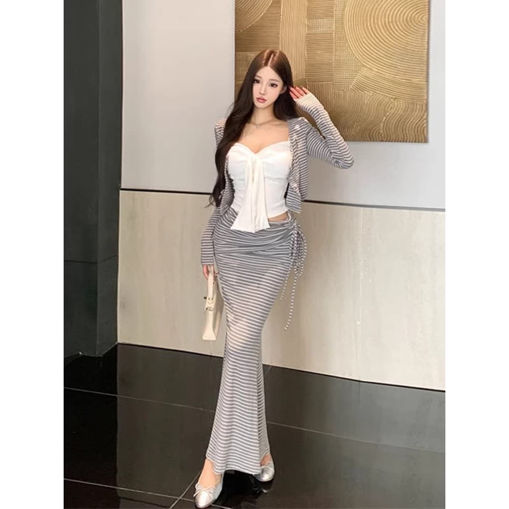 Puro desejo quente estilo menina laço branco camisola feminina início da primavera novo estilo clássico listrado Fishtai