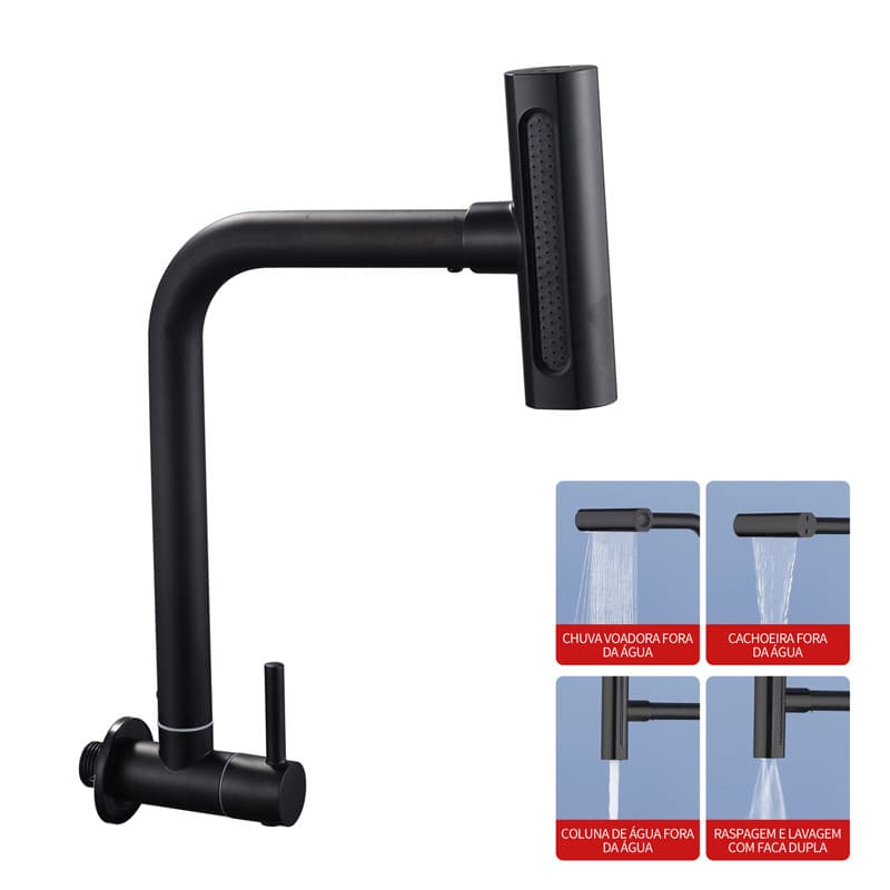 Torneira Gourmet Parede Preta 360° Inox 304 4 Tipos de Jato