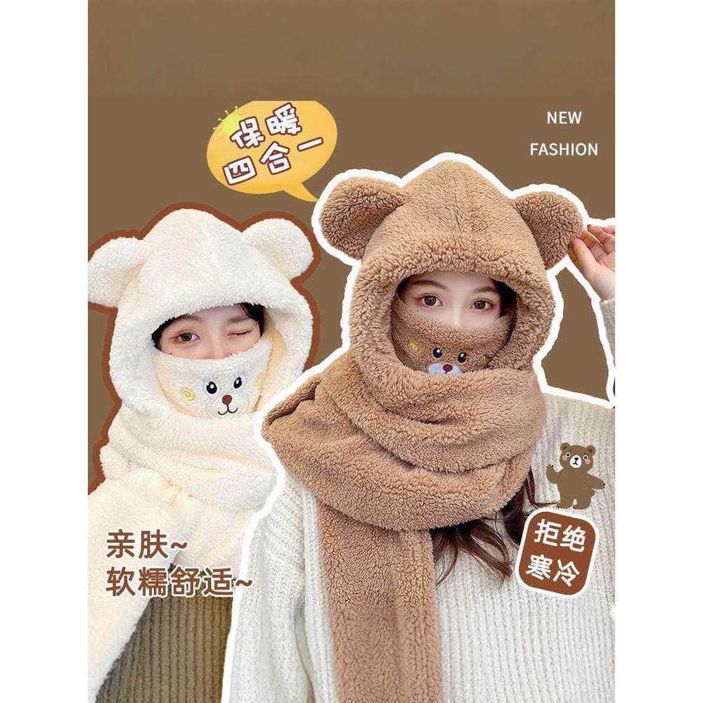 Urso chapéu cachecol uma feminino outono inverno bonito estudante ciclismo pelúcia quente proteção de ouvido com capuz m