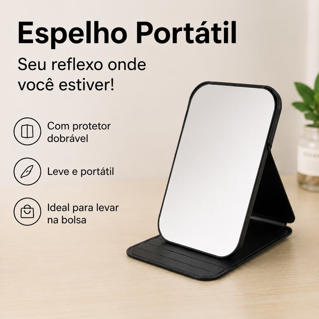 Espelho de Maquiagem Portátil Dobrável com Suporte Compacto Alta Definição para Bolsa Viagem e Mesa