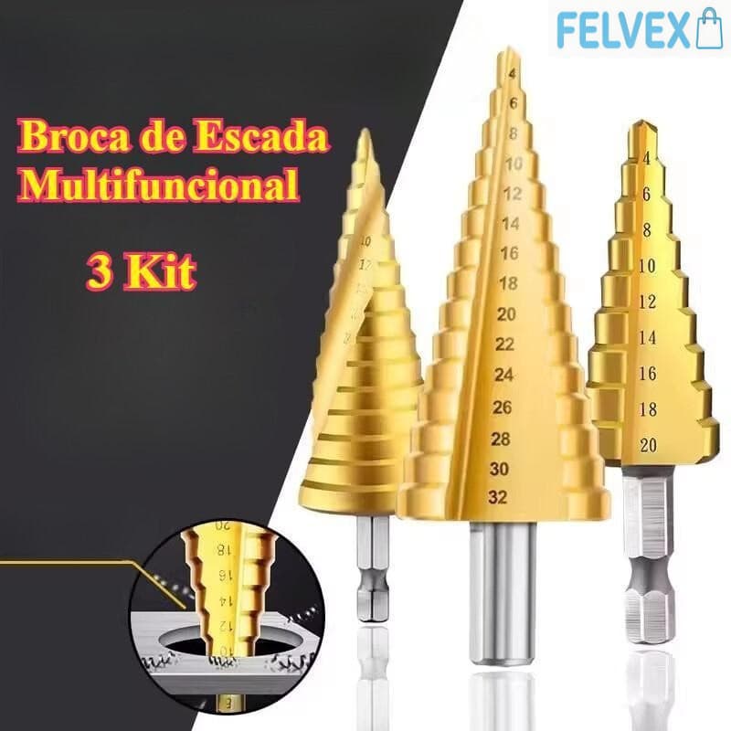 [FEL] Jogo de 3 Brocas Escalonadas M35 com Cobalto, Conjunto para Metal, Inox e Madeira