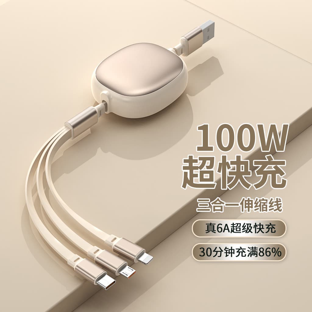 Cabo de dados de carregamento ultrarrápido de 100 W Três em um retrátil ultra-portátil um para três 6a Cabo de carregame