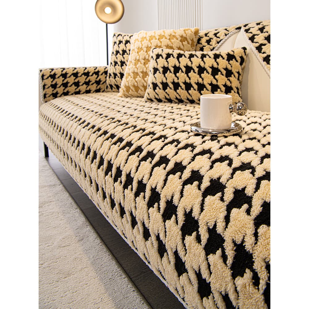 Houndstooth nórdico sofá almofada 2026 novo estilo inverno antiderrapante couro sofá almofada de pelúcia capa de sofá pa