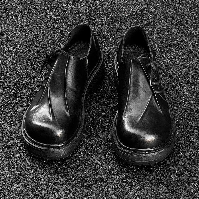 Big Toe Derby Sapatos Masculinos Pretos Casuais Sapatos De Couro Plissados De Sola Grossa Aumentados Estilo Britânico Co
