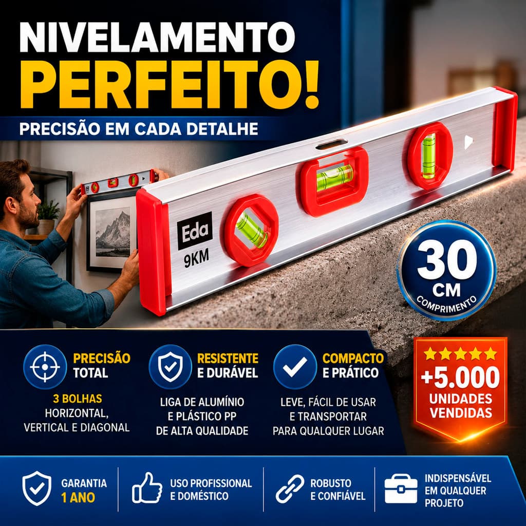 Nível De Alumínio EDA 30cm C/ 3 Bolhas Construção Reformas Instalações Nivelamento Perfeito