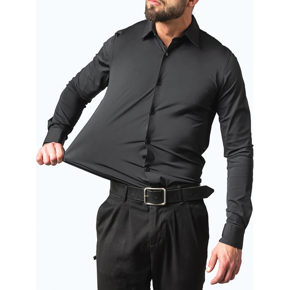 Camisa europeia americana de Chiffon de seda gelada masculina de quatro lados elástica esportiva de manga comprida legal