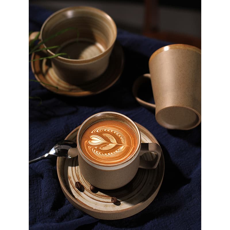 Grés japonês Retro xícara de café pires conjunto Latte xícara de café da manhã europeu copo de água preto xícara de chá