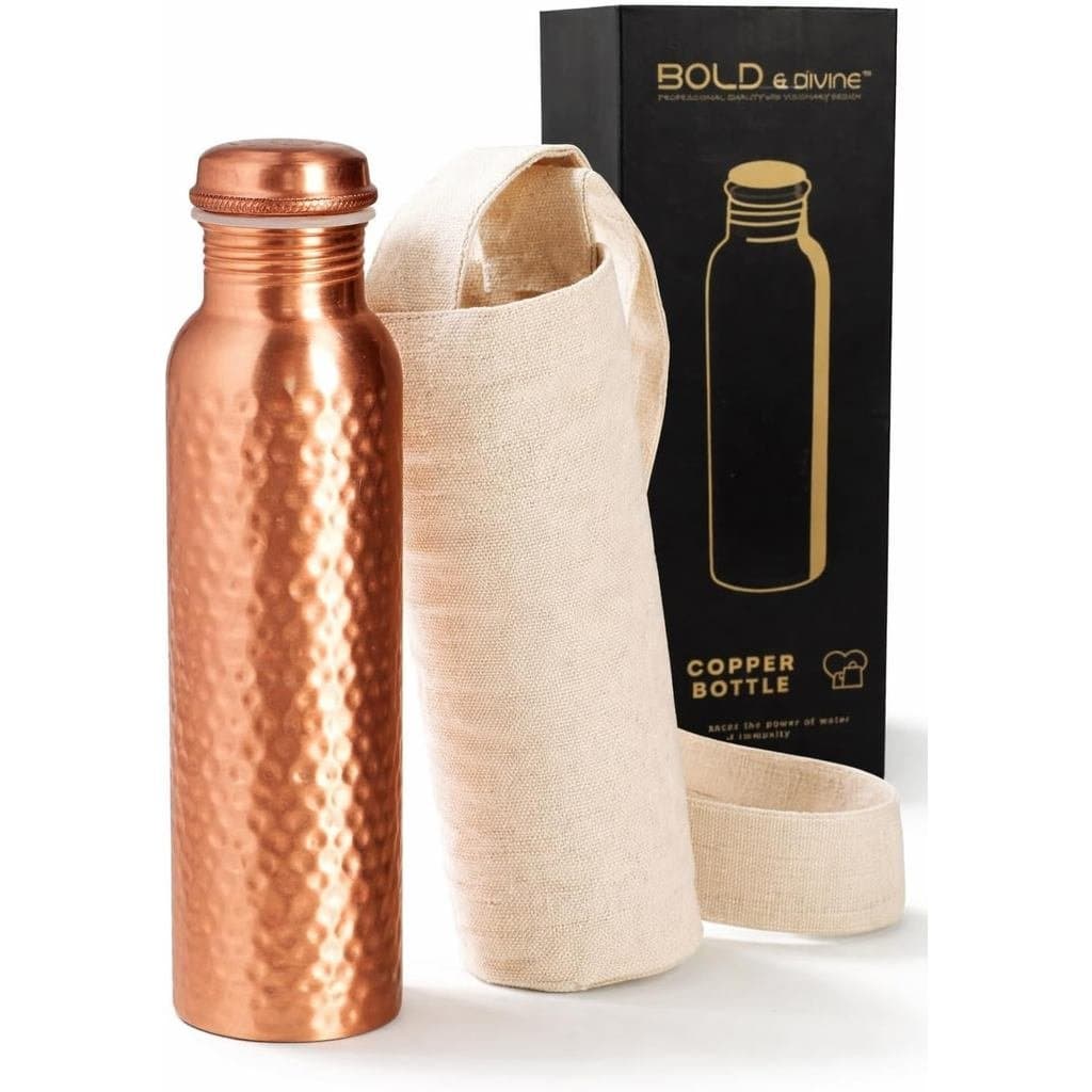Bold & Divine Premium Garrafa de Água Martelada de Cobre Puro de 32oz para Beber - Benefícios Ayurvédicos para a Saúde -