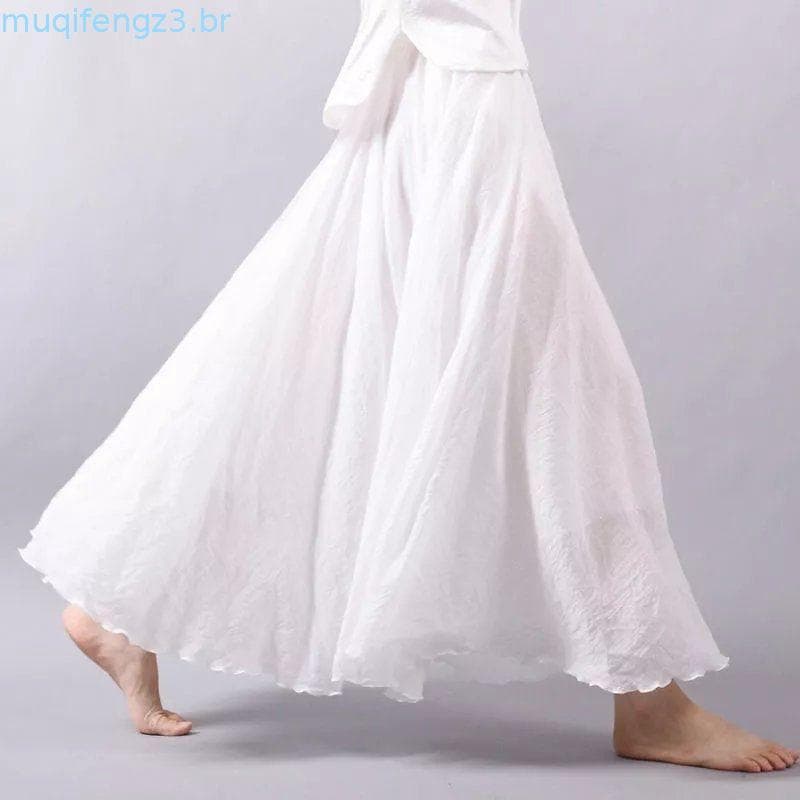 Saia Qooth Linho-Algodão Linha A Plissada Flowy Maxi Relaxada QT2846