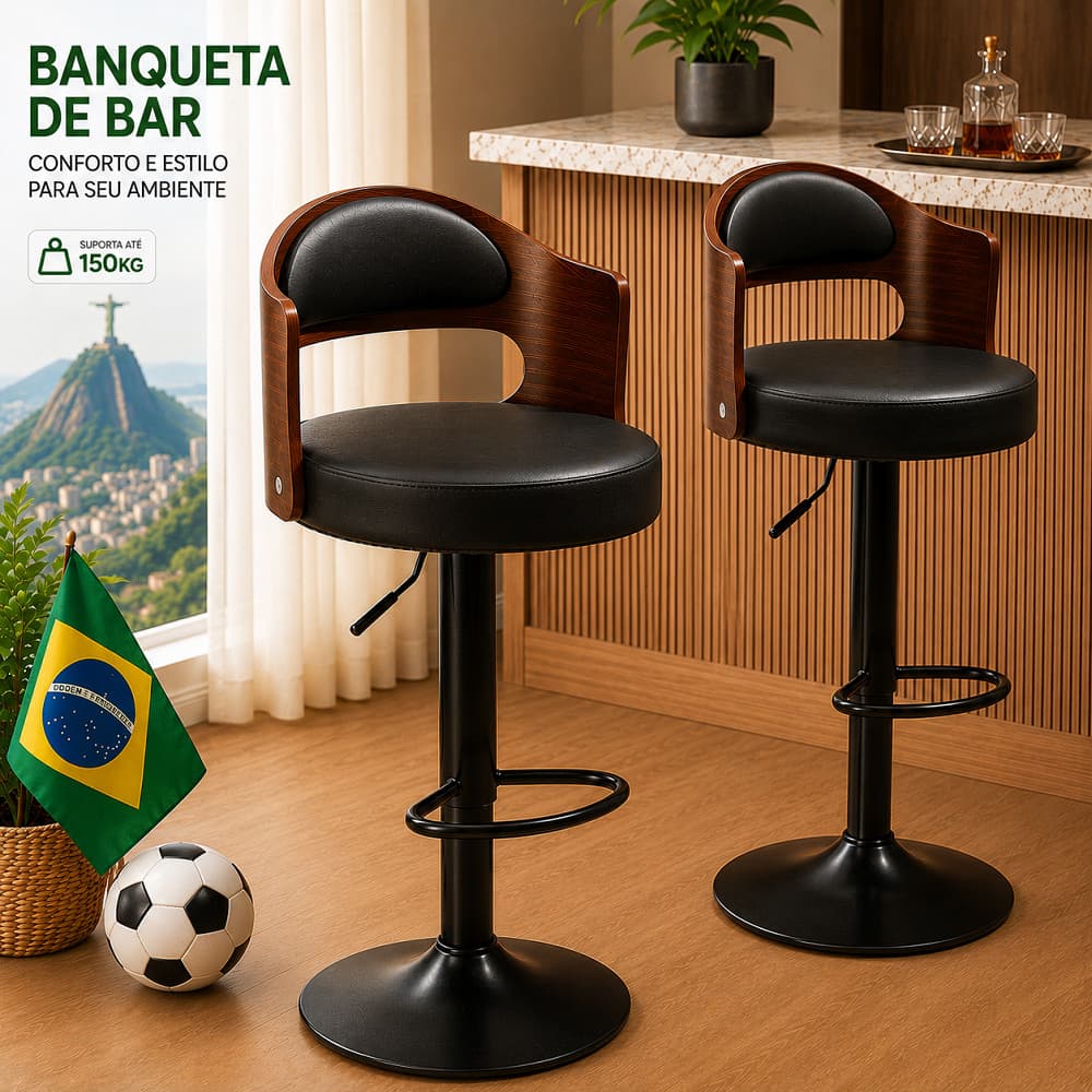 Banquetas de Bar Giratória 360° Altura Ajustável - Estofada em Couro PU com Encosto de Madeira para Cozinha Balcão