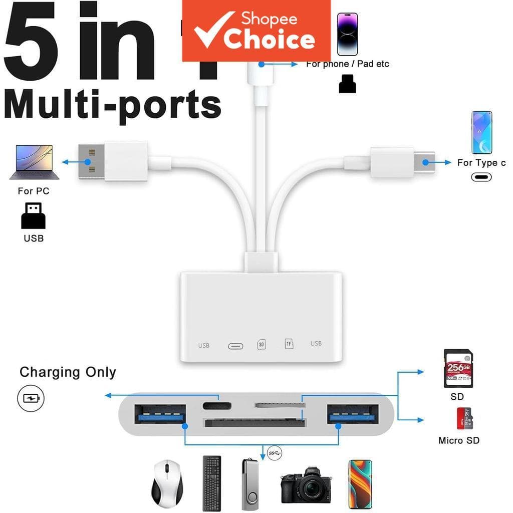 Leitor De Cartão De Memória 5 Em 1 IOS Para SD/TF Adaptador USB OTG Telefone/Almofada