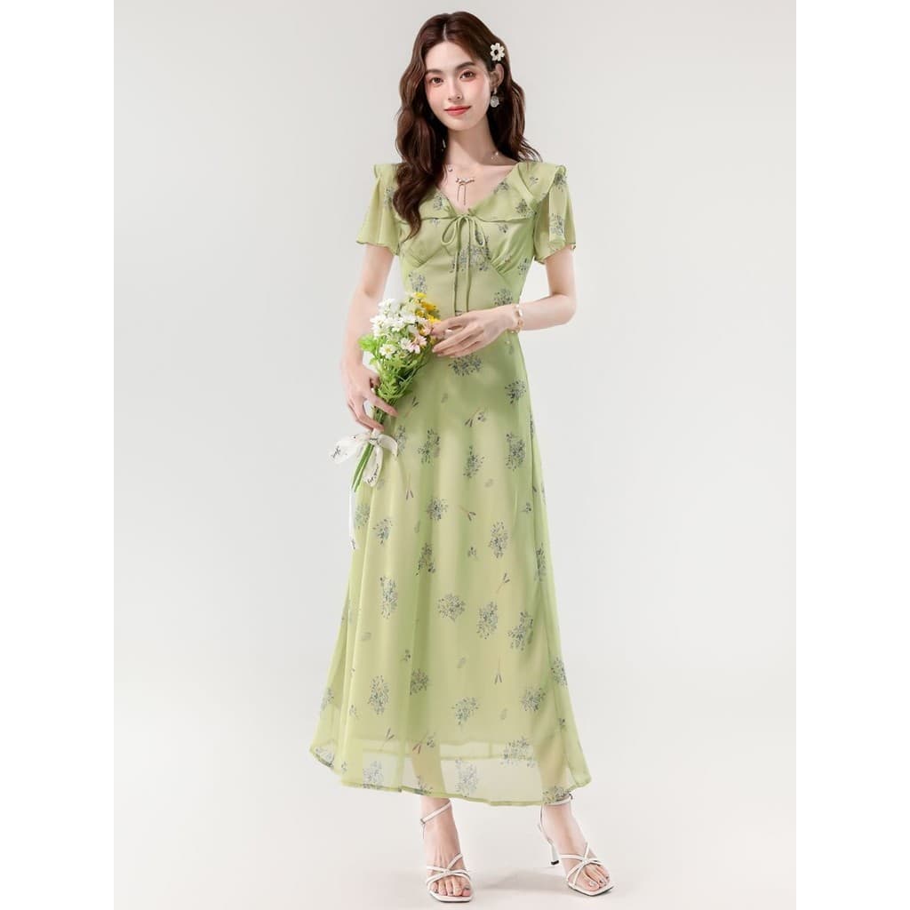 Temperamento francês babados vestido Floral de manga curta feminino 2026 verão novo estilo temperamento suave linha A sa