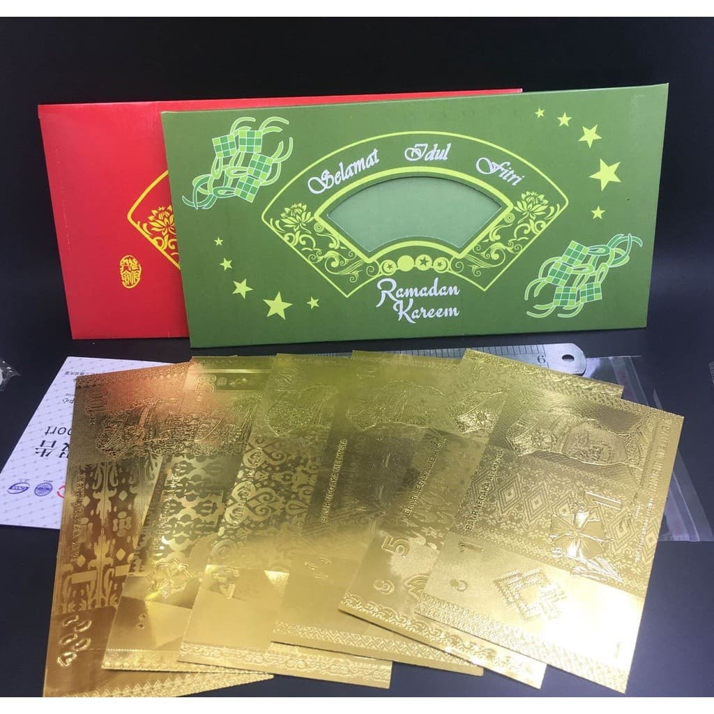RAYA SELAMAT HARI AIDILFITRI Presente Notas De Ouro Folha Pacote Verde De