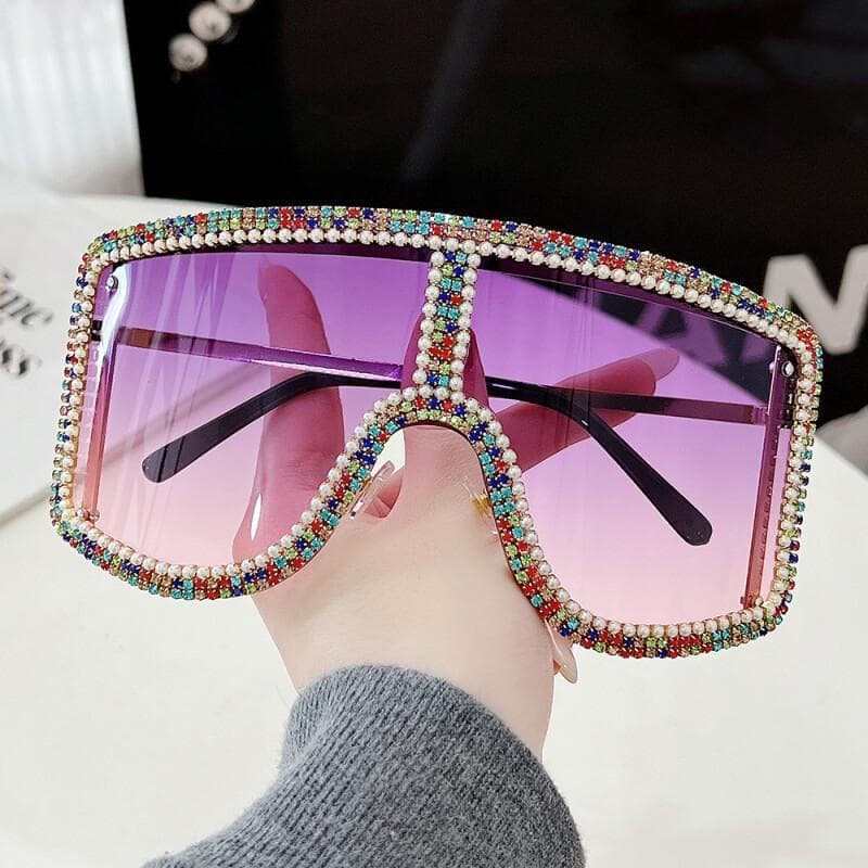 Óculos de Sol Oversized com Diamantes para Mulheres e Homens, Estilo Punk, Óculos de Sol com Strass, Lentes Gradientes,
