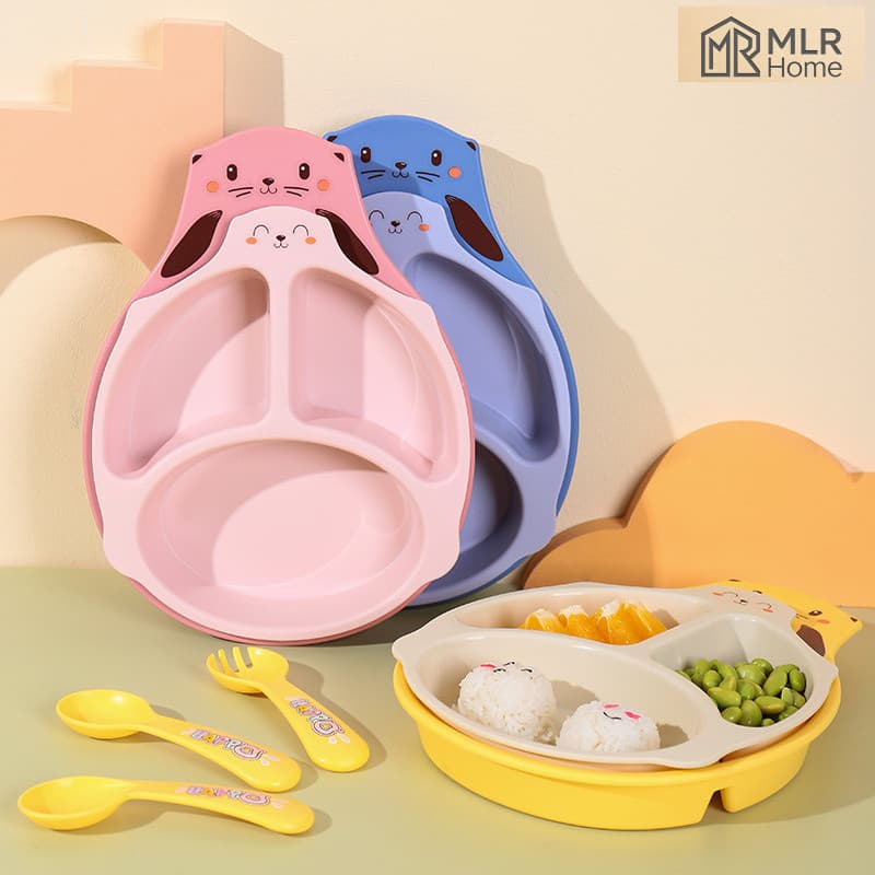 Prato de jantar infantil de desenho animado/camada única três compartimentos + talheres infantis/sem BPA, lixo BPA