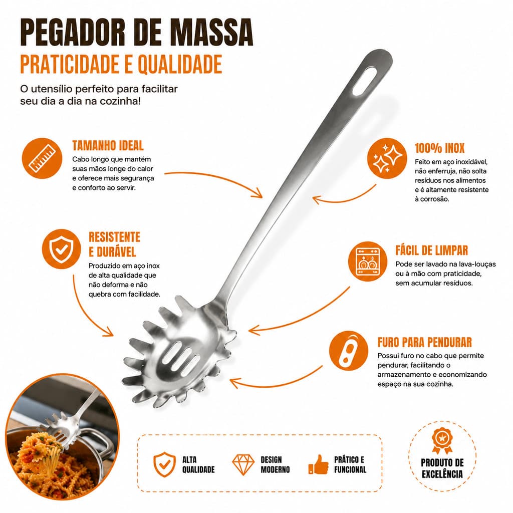 Pegador de Massas Macarrão Inox 23,4cm – Ideal para Servir Macarrão com Praticidade e Alta Qualidade D