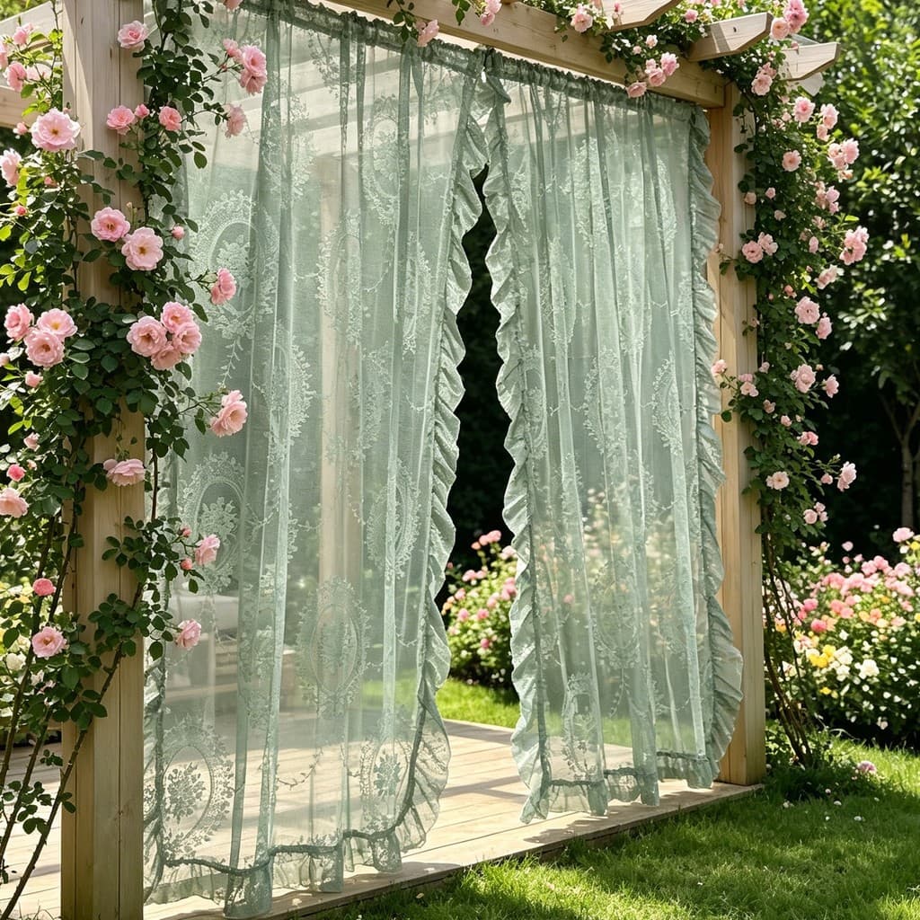 Cortina Transparente Floral De Renda Verde/Preta De 2 Painéis Para Sala De Estar Cortinas Elegantes De Tule Ao Ar Livre