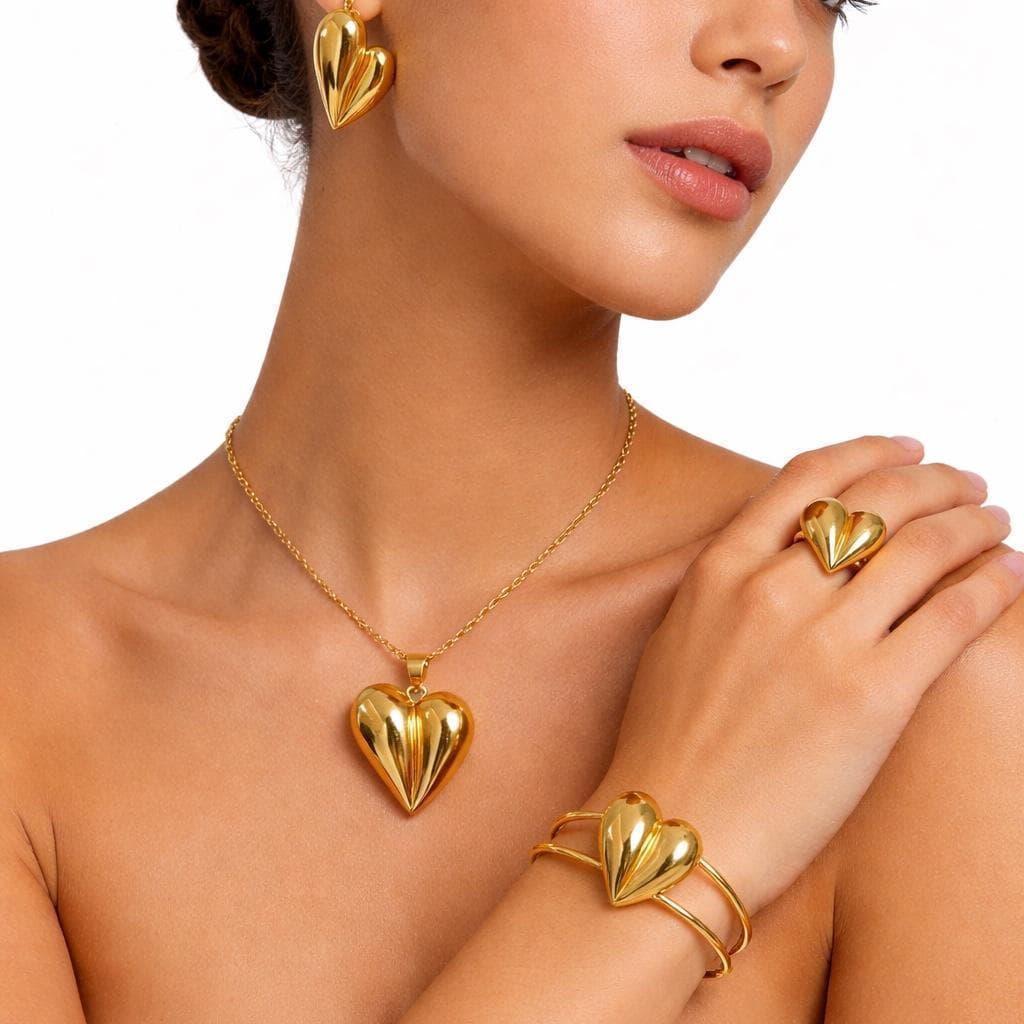 Conjunto de Joias Femininas 4 Peças Coração Dourado/Prateado – Colar, Brincos, Anel e Pulseira Luxo Elegante