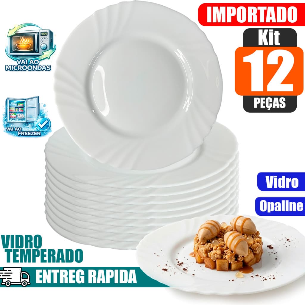Jogo Kit 12 Pratos De Vidro para Sobremesa 19cm Opaline Branco Resistente