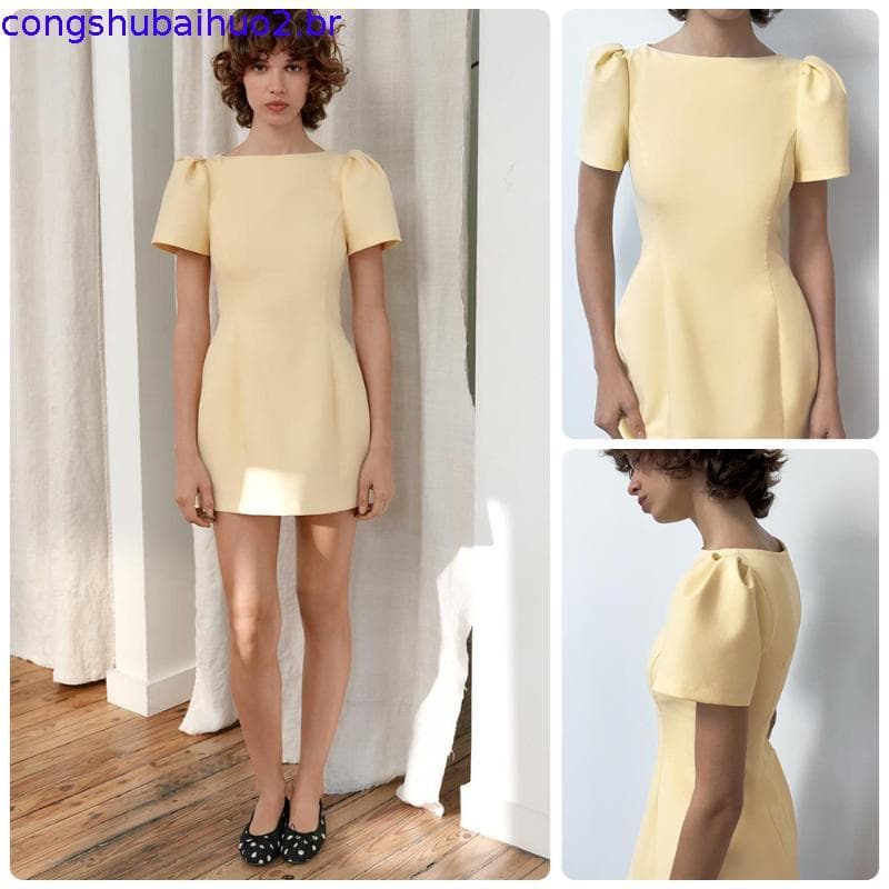Primavera novo vestido curto feminino com bolso plissado 9747777
