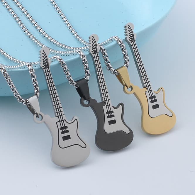 Colar de guitarra em aço titânio para homens, joia de músico de rock, pingente de guitarra, colar fino para mulheres