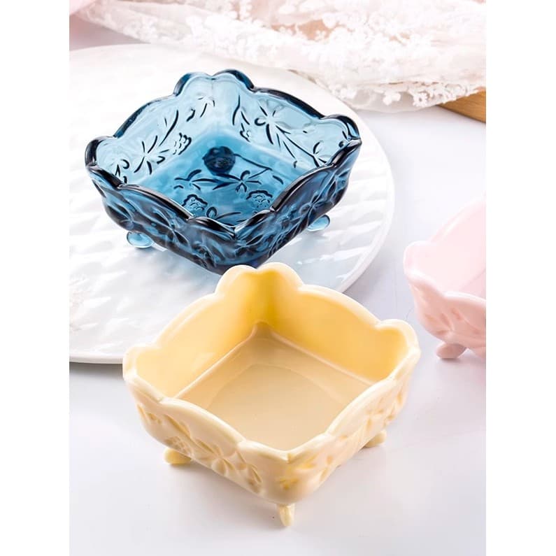 Retro azul gravado vidro de uva tigela quadrada armazenamento de jóias tigela de frutas secas sorvete tigela caixa de sa