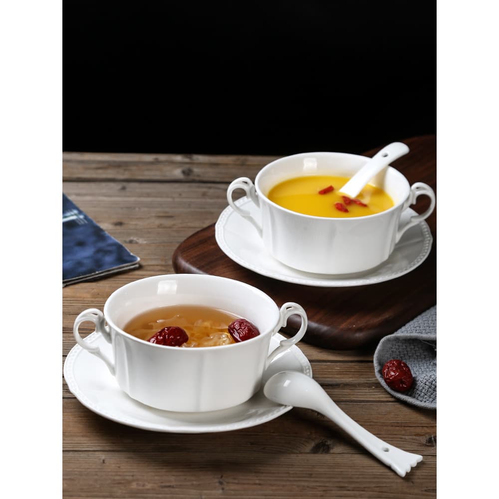 Tigela de café da manhã em relevo de porcelana branca Tigela de orelha dupla Tigela de sobremesa Copo de sopa de cerâmic